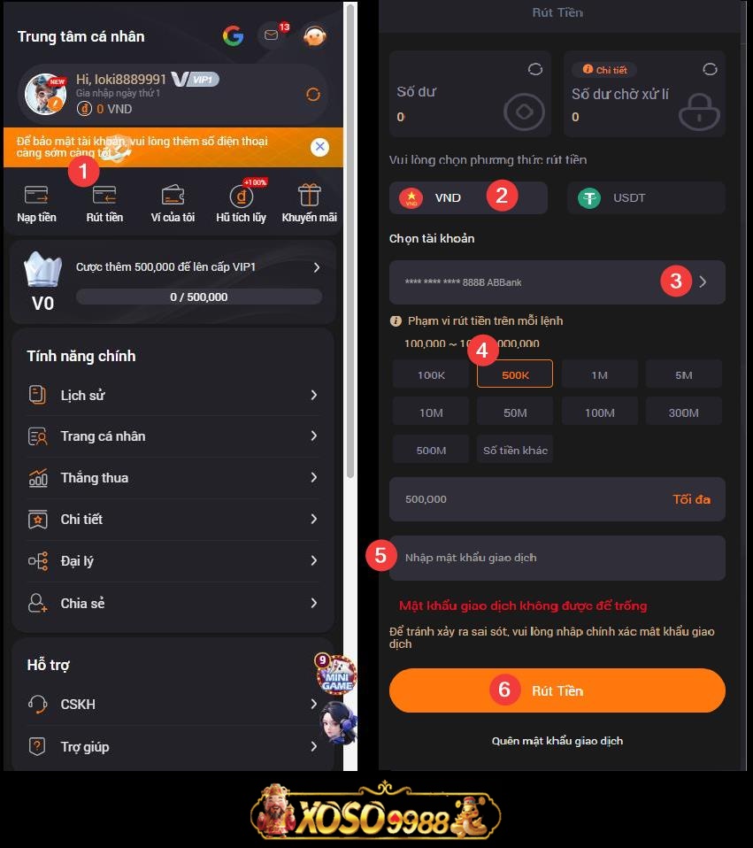 Quy trình rút tiền 3 bước Xoso9988